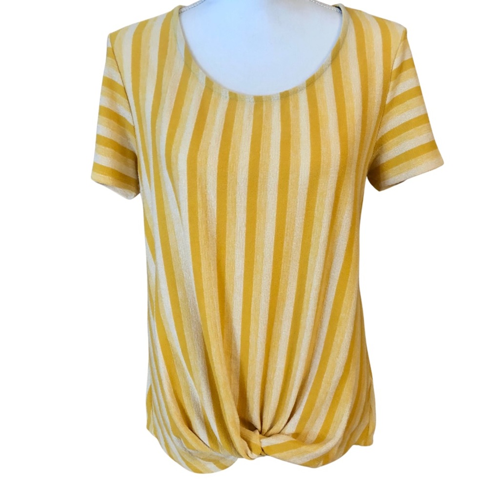 Anthropologie W5 Med Mustard Yellow and White Striped High Low Short Sl Shirt